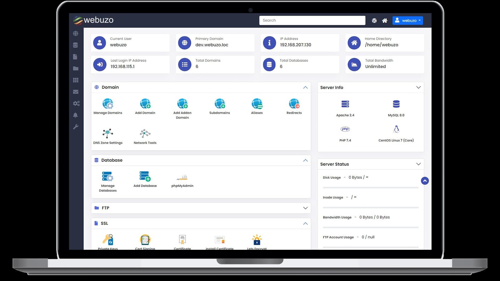 Webuzo panel preview